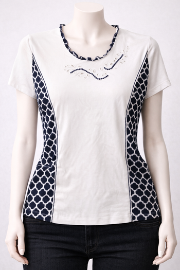 T shirt fluide blanc et dessins marine avec broderies Taille 48 GD Neuf