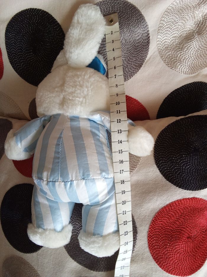 Doudou lapin Blanc et  bleu Pampers  bicolore rayé rayures peluche lapine lapereau  tête blanche peluche col bleu vintage ancien 1991  d'occasion  utilisé - photo numéro 5