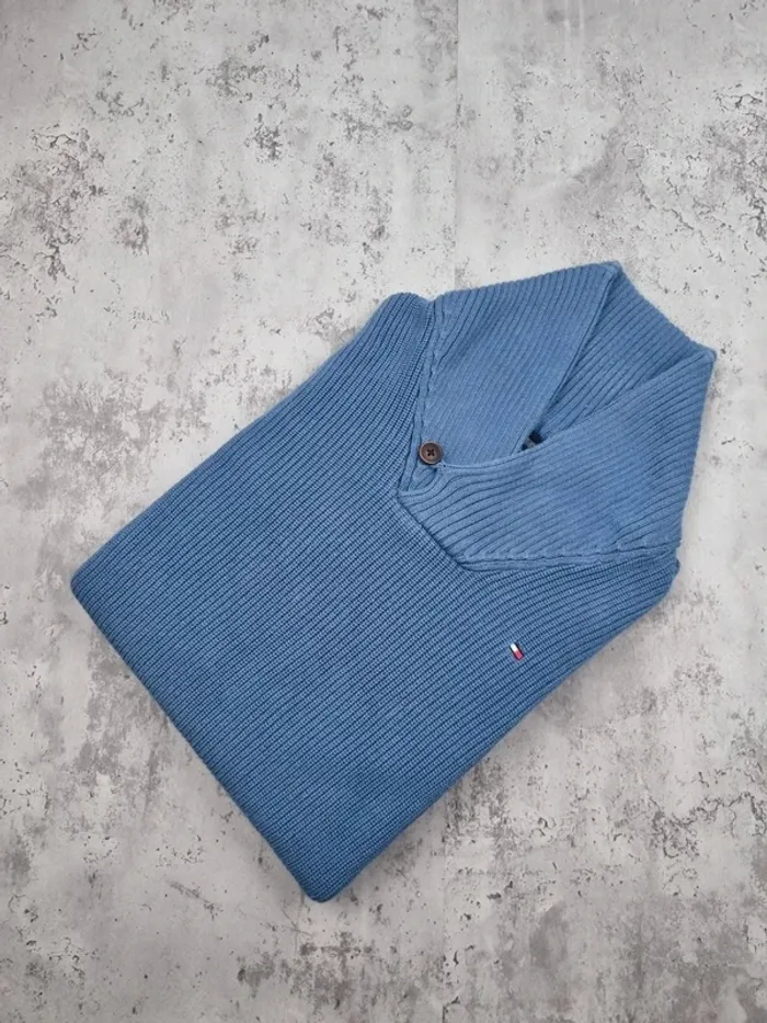 Pull col châle Tommy Hilfiger bleu – Taille M Homme (mesures en photos)