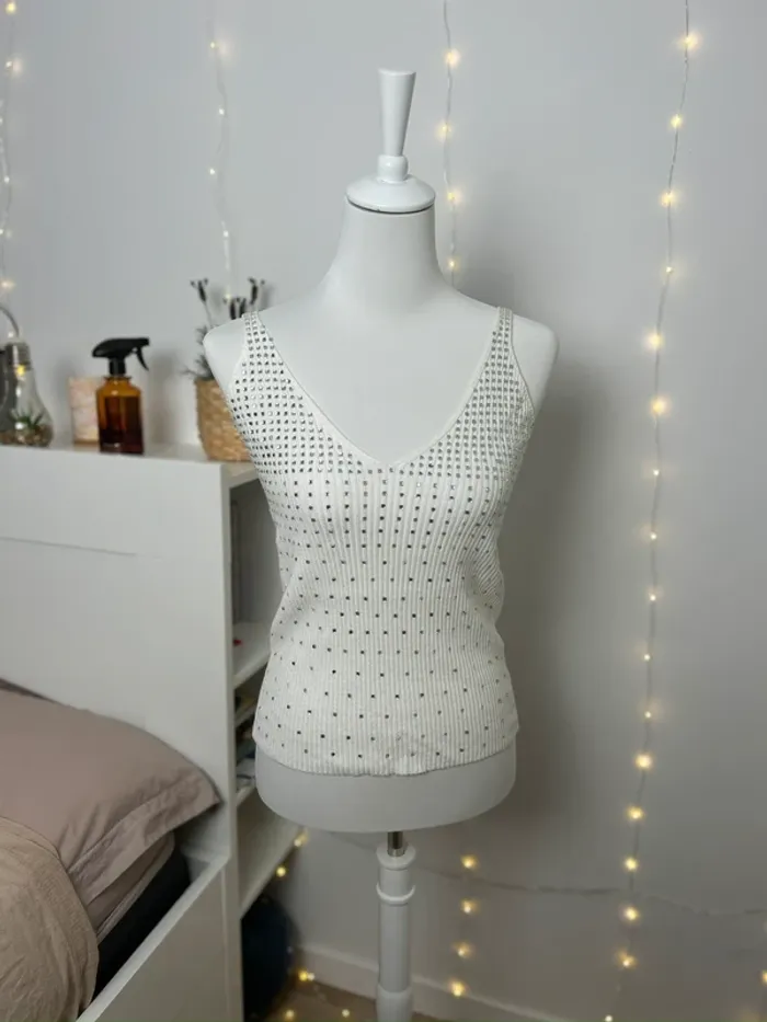 débardeur blanc à strass vintage bohème chic ibiza taille M