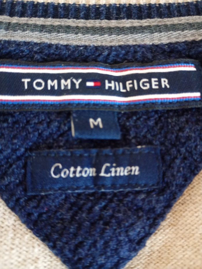 Pull Tommy Hilfiger beige col V – taille M – coton et lin - photo numéro 4