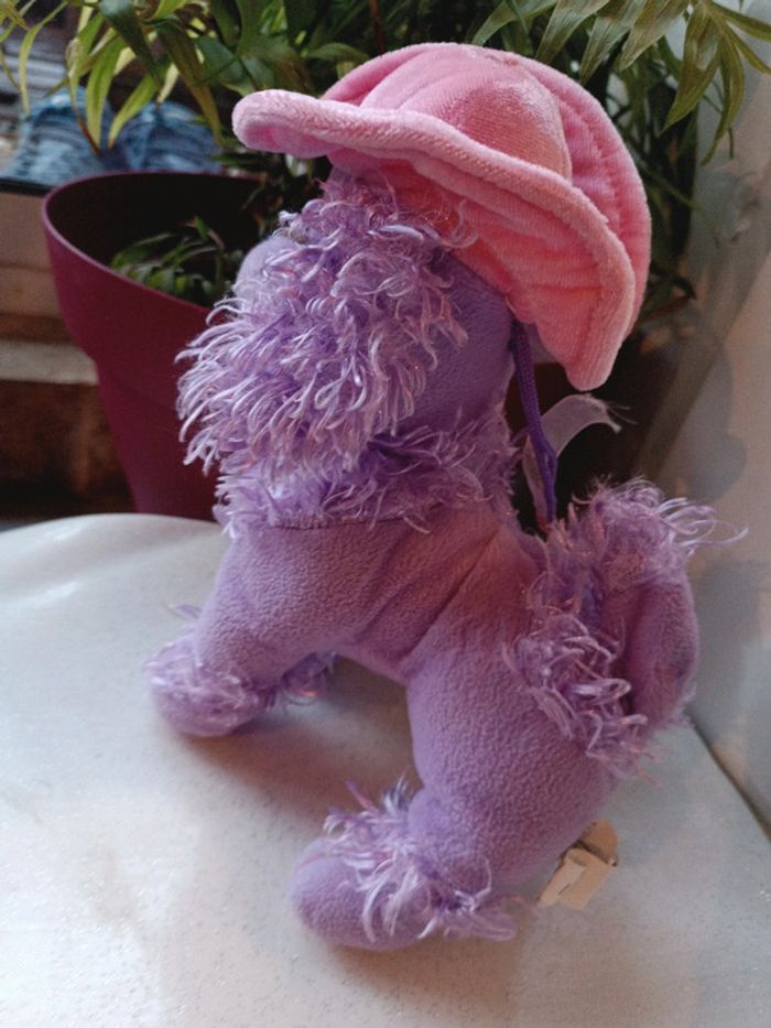 Peluche plush caniche violet purple chien dog chapeau rose pink cap cowboy western forest - photo numéro 6