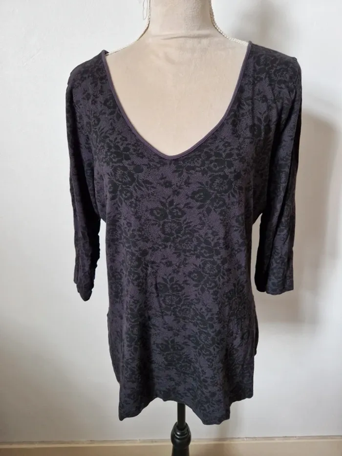 Tee shirt manche 3/4 imitation dentelle gris noir taille 46 vétissimo