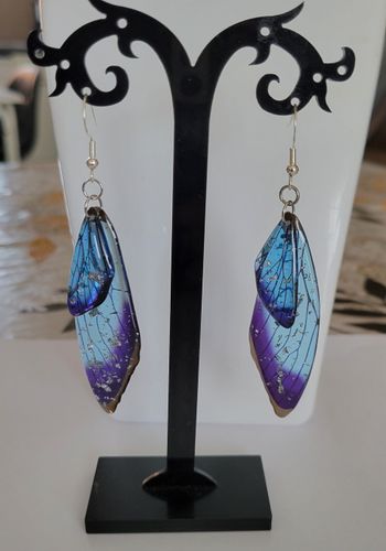 BOUCLES D'OREILLES AILES FEE PAPILLON LIBELLULE DEGRADE DE BLEU ! NEUF !
