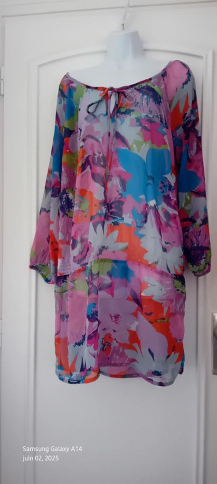 Robe tunique longue en voile motif floral coloré femme 44/46 yessica - photo numéro 2