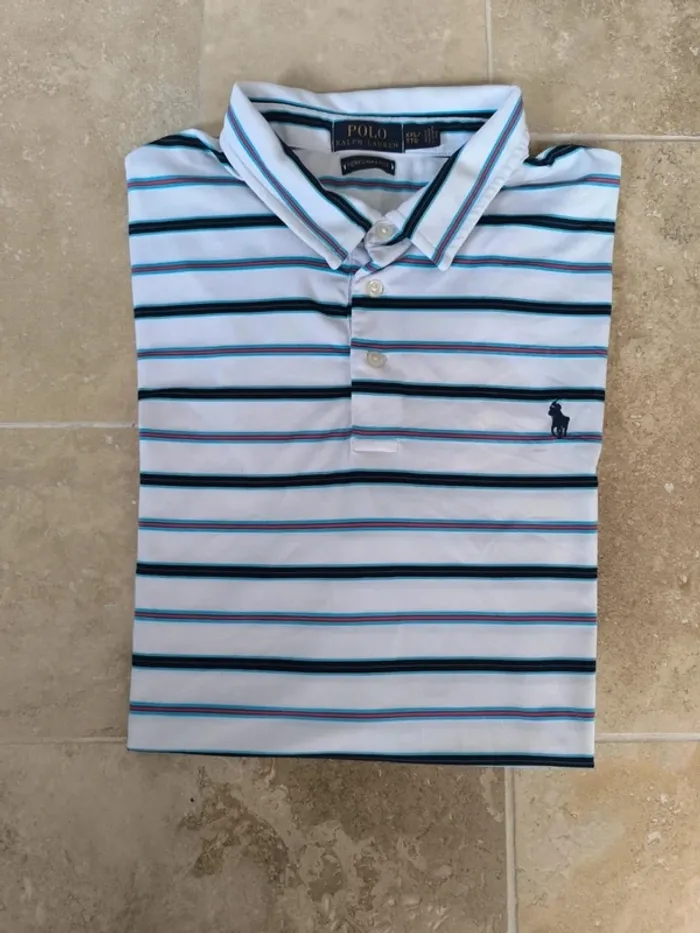 Polo Ralph Lauren homme Performance XXL blanc rayures logo marine comme neuf