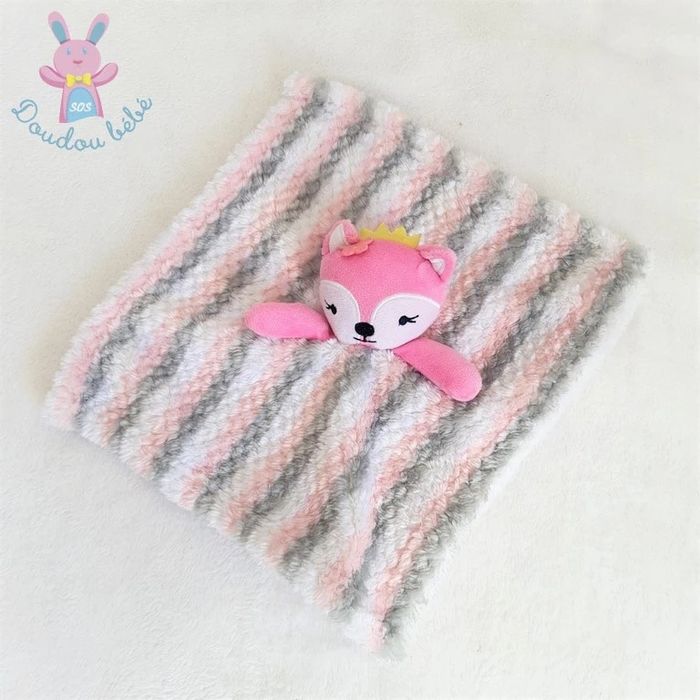 Doudou plat Renard rose couronne jaune rayé gris blanc Mix Doudou