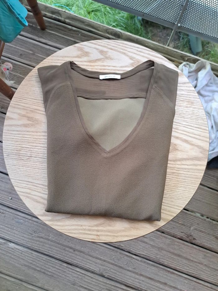 Tee-shirt bi matière kaki - photo numéro 2