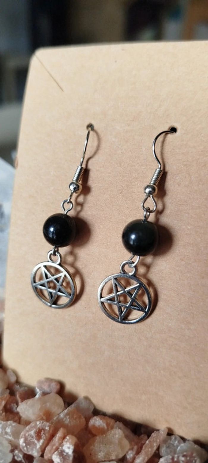 Boucles d'oreilles Pentacle Sorcière en Obsidienne - photo numéro 3