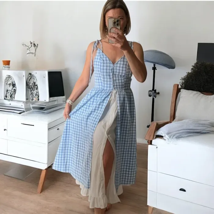 Robe longue vichy bleue à nouer – esprit cottagecore été 🤍 S - photo numéro 2