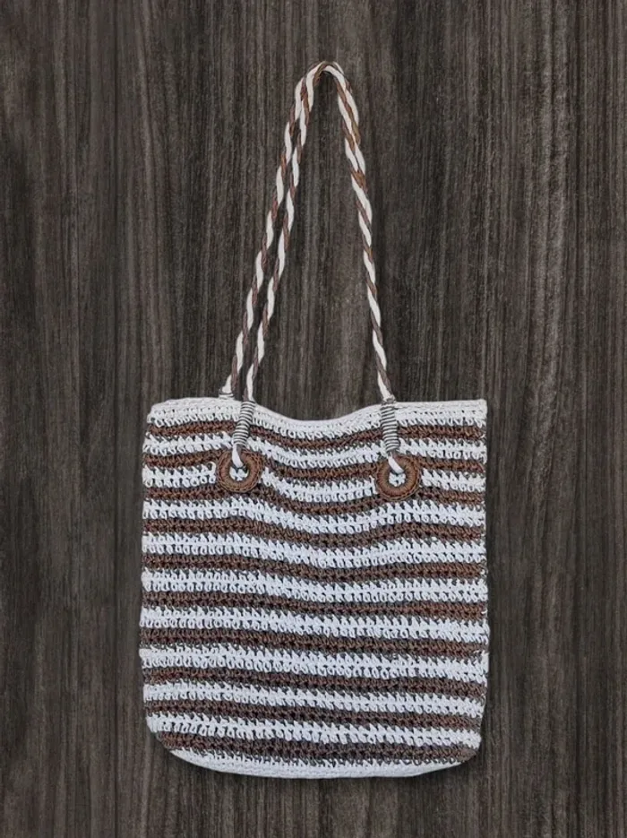 Set sac rectangle anse + porte-monnaie bandoulière paille papier rayé blanc marron - photo numéro 3