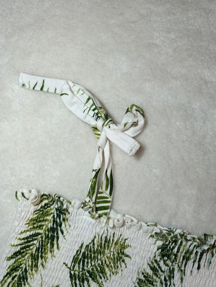 Top peplum court évasé tropical H&M M vert et blanc coton élasthanne - photo numéro 6