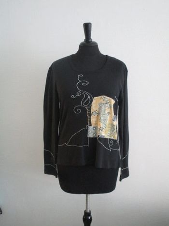 T-shirt noir motifs blanc/beige Jac Jac 40 NEUF