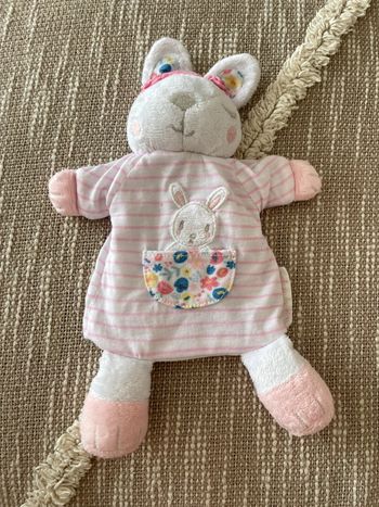 Peluche doudou marionette 22cm Sergent Major lapin blanc rayé rose fleur très bon état