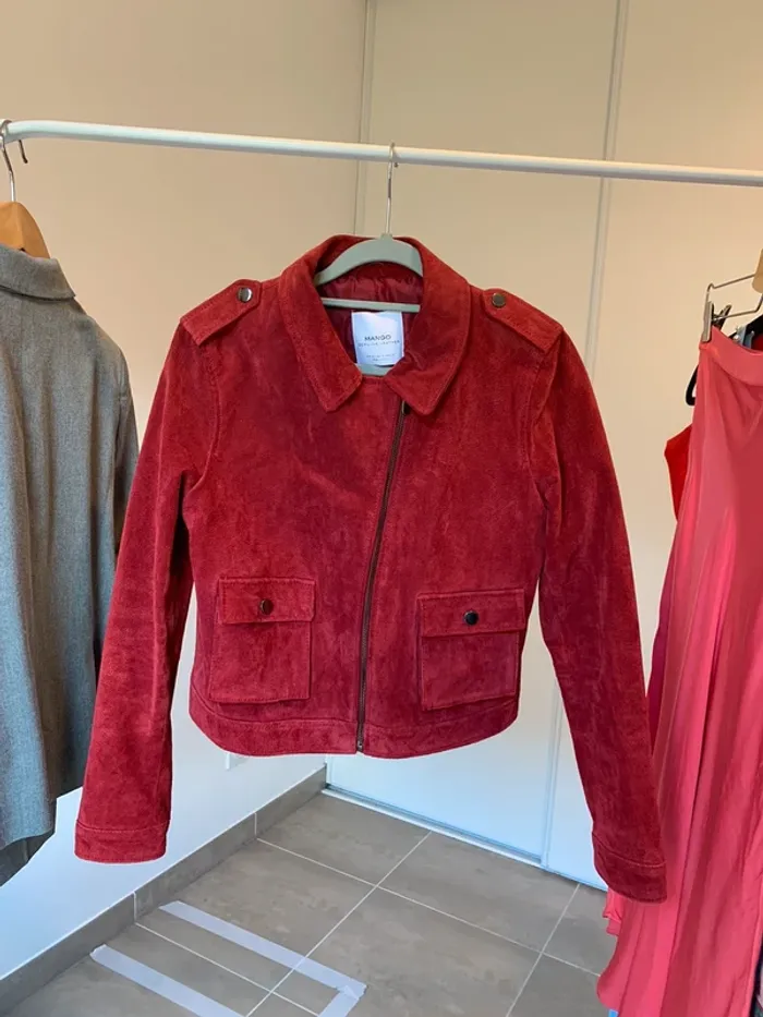 Veste en cuir véritable rouge Mango taille M - photo numéro 2