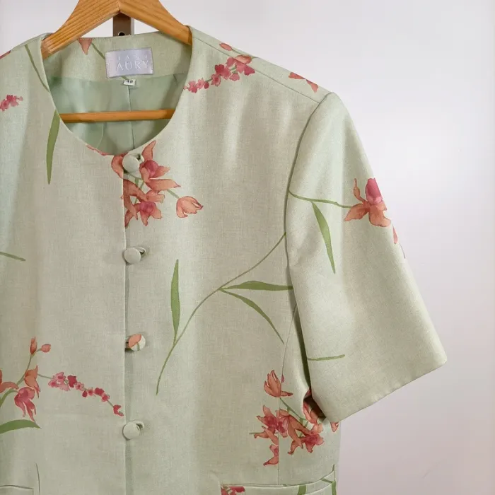 Veste imprimé floral vert pastel manches courtes Diane Laury taille 48 habillée A1335 - photo numéro 2