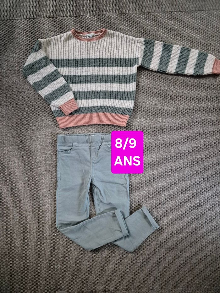 Ensemble vertbaudet pull maille et pantalon slim vert d'eau - 8/9 ans