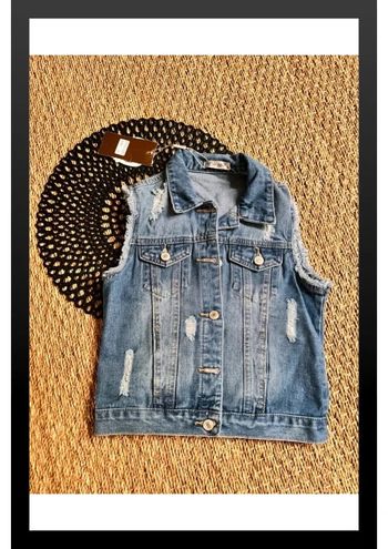 Veste jean sans manche frange argent