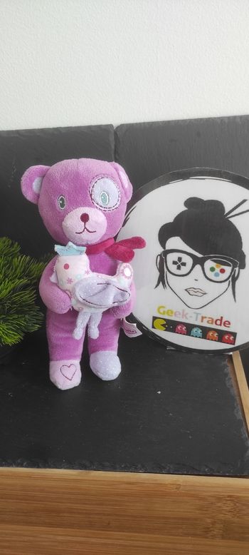 Doudou ours Pommette violet poule couronne écharpe Coeur Fleur Bleu Peluche