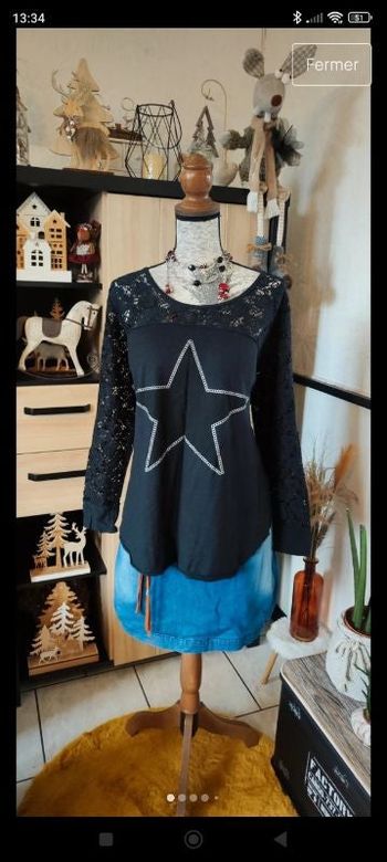 Superbe haut neuf top tee T-shirt noir motif imprimé