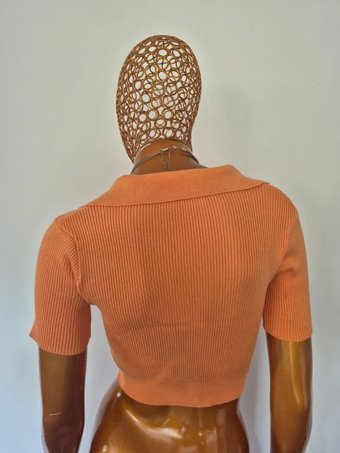 Top Court Col V Manches Courtes Orange Femme Taille S/M - photo numéro 2