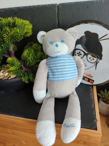 peluche Doudou ours pantin Musti mustela blanc bleu gris rayé rayure DD00856