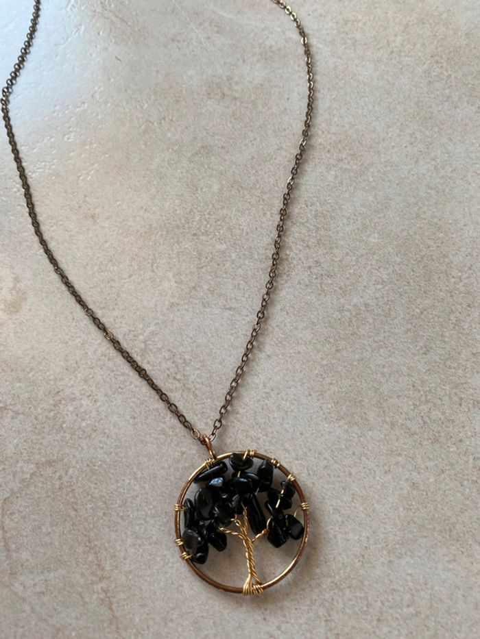 Collier doré arbre perle obsidienne lithothérapie - photo numéro 5