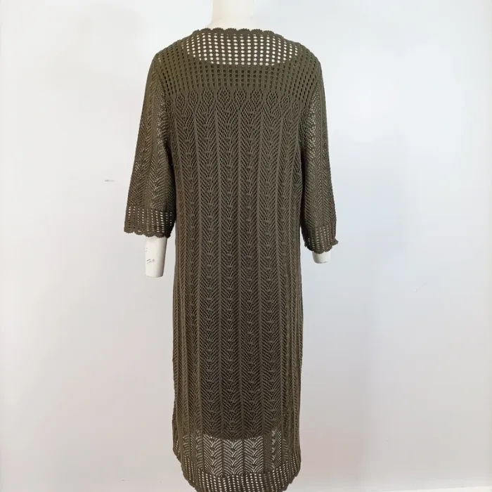Robe kaki ajourée en maille crochet style bohème avec fond de robe intégré – T.M estimée A923 - photo numéro 3