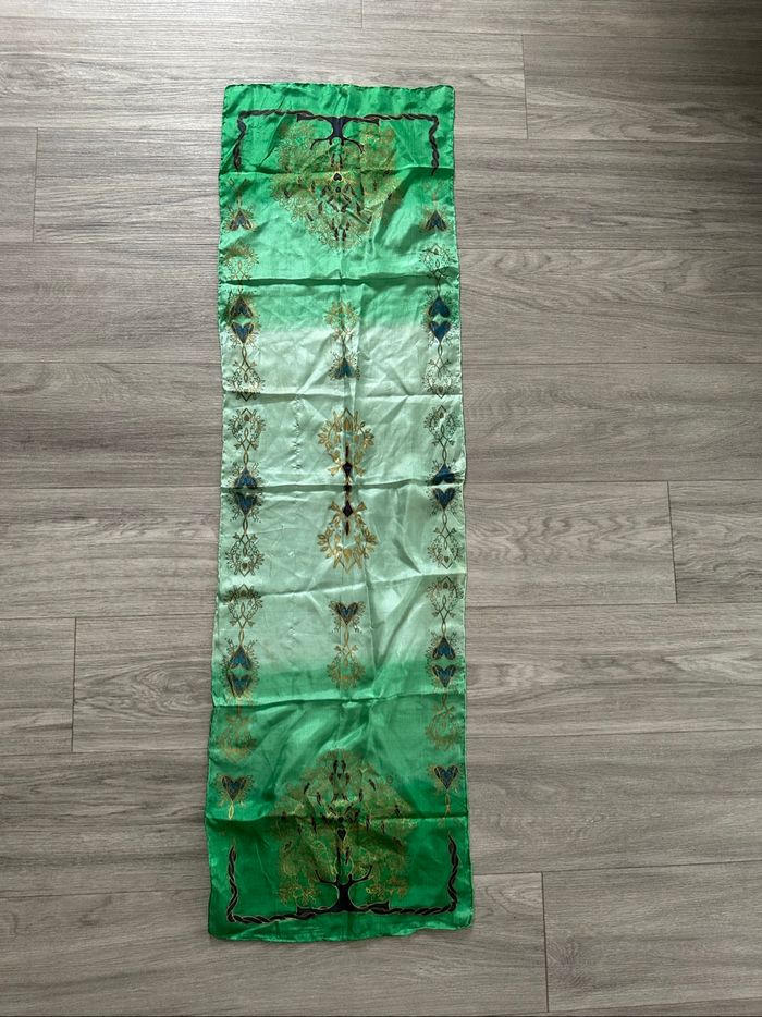 Foulard étole en soie verte et dorée Vintage 40x130cm - photo numéro 3