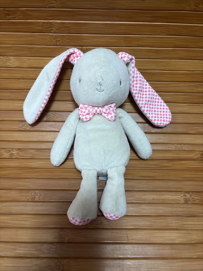 Doudou lapin beige noeud papillon rose carreau klorane - photo numéro 2
