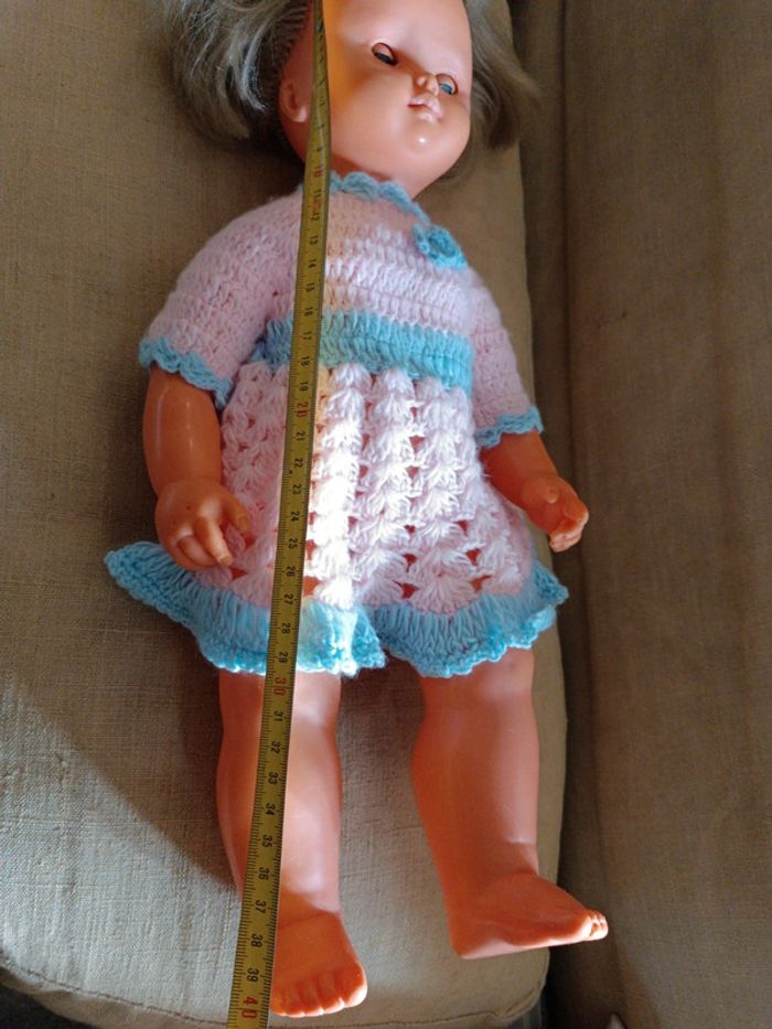 Poupée doll ancienne birgé blonde blond hair yeux eyes bleu blue robe dress tricot laine rose pink - photo numéro 7