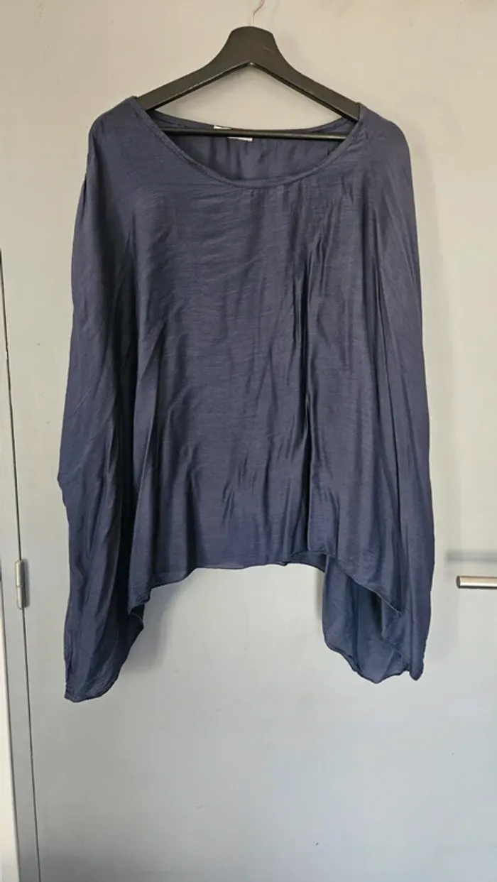 Tunique ample manches chauve-souris marine coton soie viscose- Taille unique 42/48