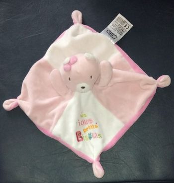 Doudou ours carré plat rose et blanc - des tous petits bisous - Mots d Enfants