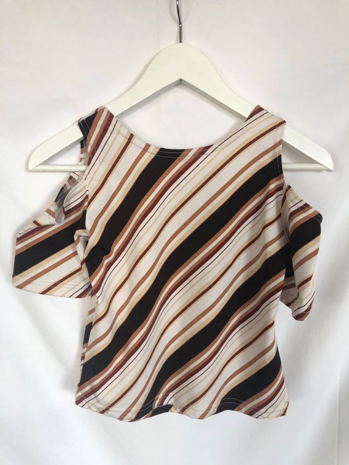 Haut rayé col carré épaules découvertes marron blanc et beige taille 36 vintage très bon état - photo numéro 5