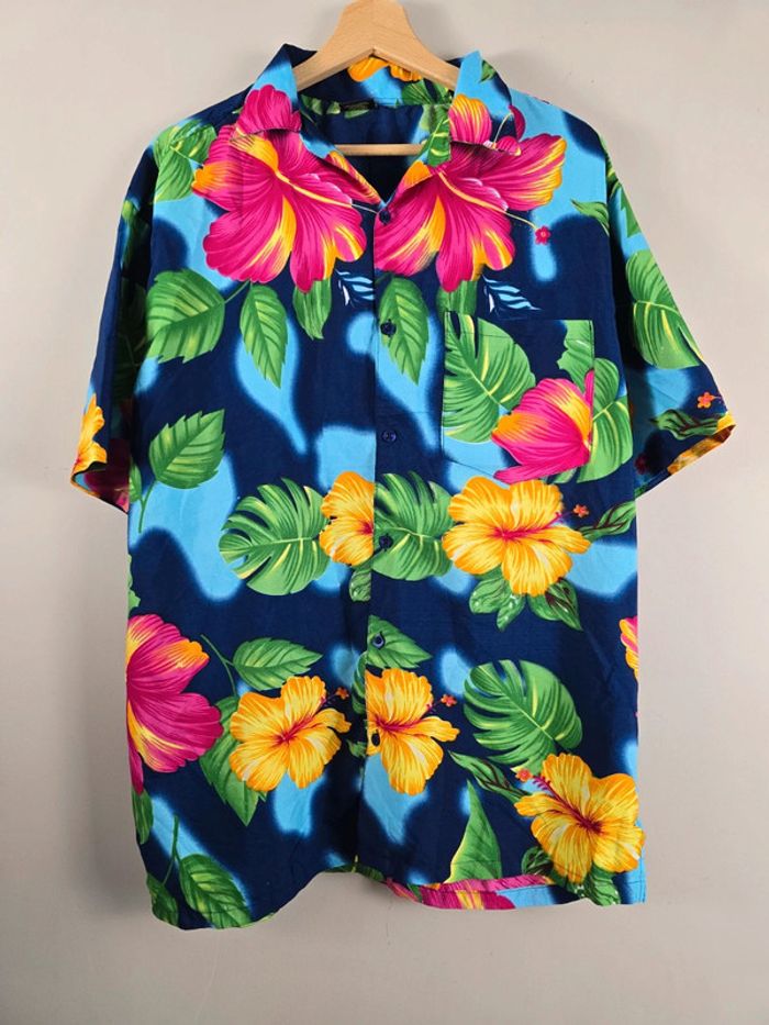 Chemise hawaïenne homme Ocean Blue fleurs tropicales multicolore M été vintage
