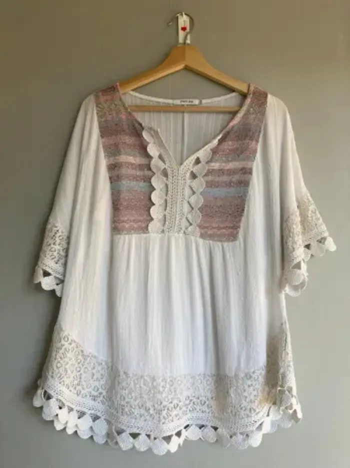 Blouse bohème Paprika S/M blanche fluide avec débardeur