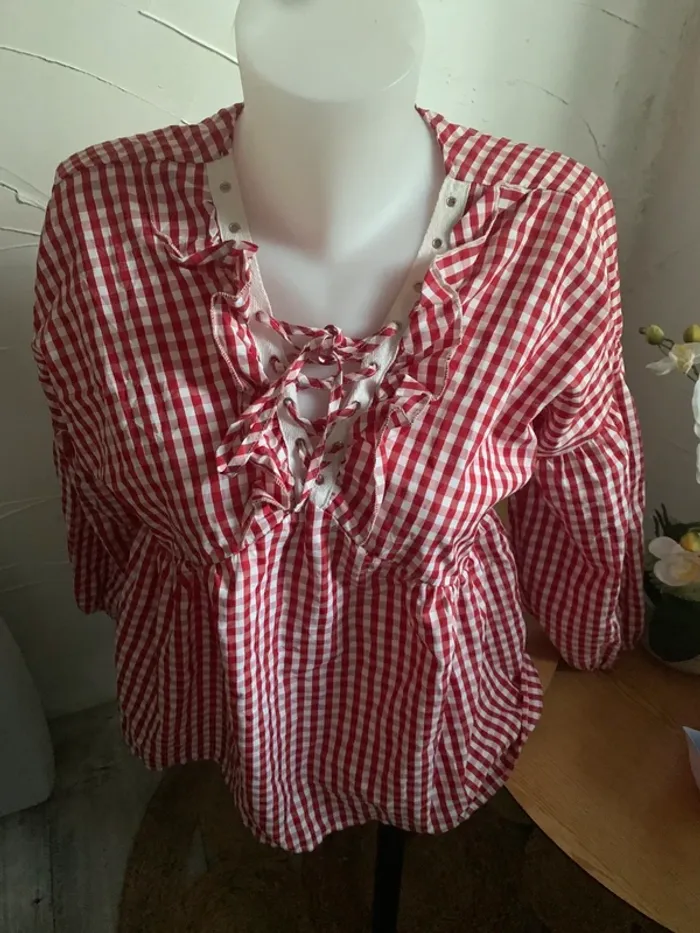 Blouse vintage évasée vichy Lilie rose taille L - photo numéro 8