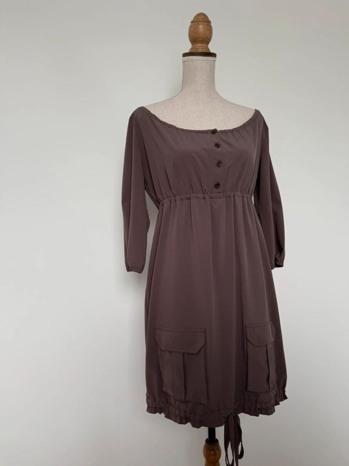 Robe manches longues fluide léger tunique taupe gris Kleid dress Vestido Vestito jurk jumpsuit femme - photo numéro 4