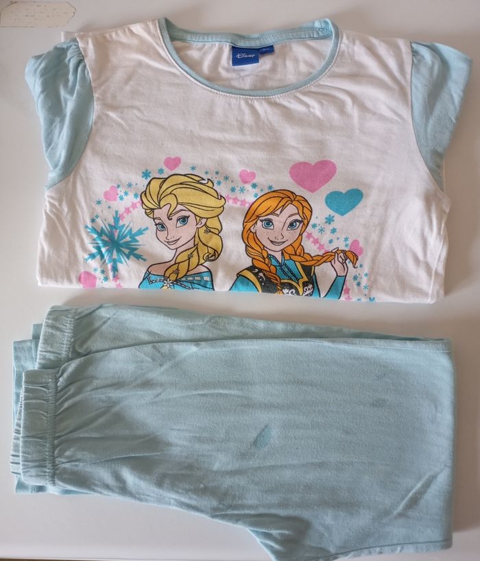 Pyjama 2 pièces. 8 ans . Coton blanc et bleu turquoise clair . Disney Reine des Neiges. Elsa et Anna. Très bon état. - photo numéro 3