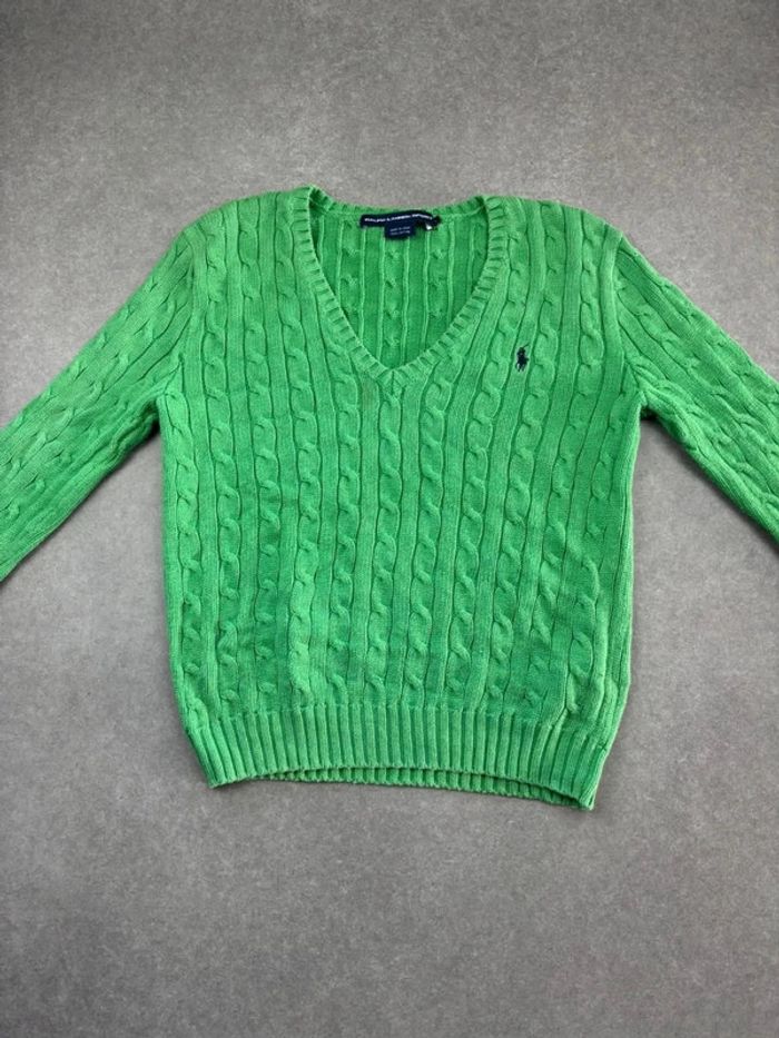 Pull d’hiver torsadé en maille Ralph Lauren col V vert taille L femme - photo numéro 2