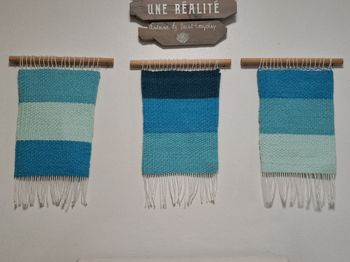 Lot de 3 jolis tissages muraux fils coton tons bleus excellent état
