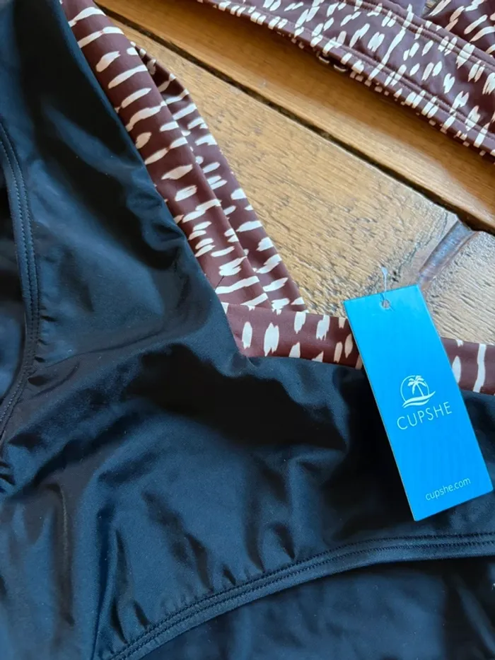 Maillot de bain femme 2 pièces Cupshe neuf noir marron L - photo numéro 3