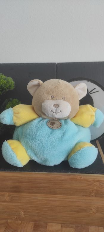 Doudou ours boule bleu et jaune bn687 bubble gum marron beige Peluche Baby Nat