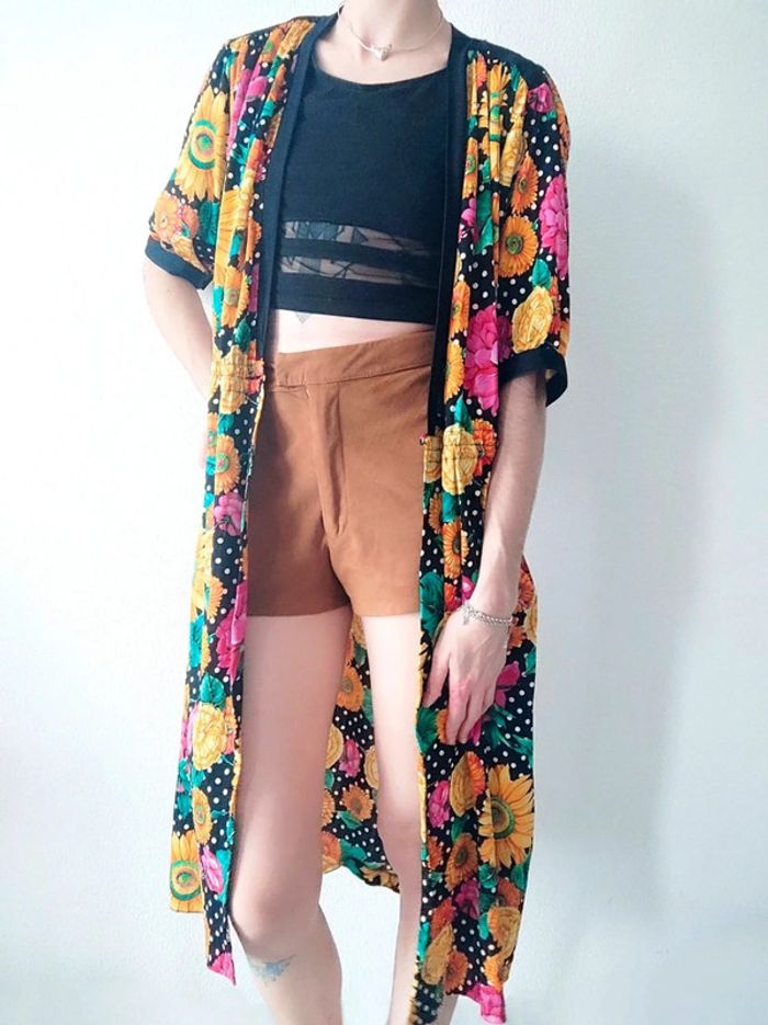 Robe longue portefeuille fleur multicolore noir Rétro / Botto Boutique - 36/S oversize à 46/XXXL - photo numéro 9