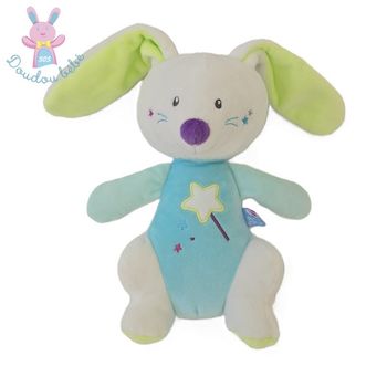 Doudou Lapin bleu blanc vert baguette étoiles Sucre d'Orge