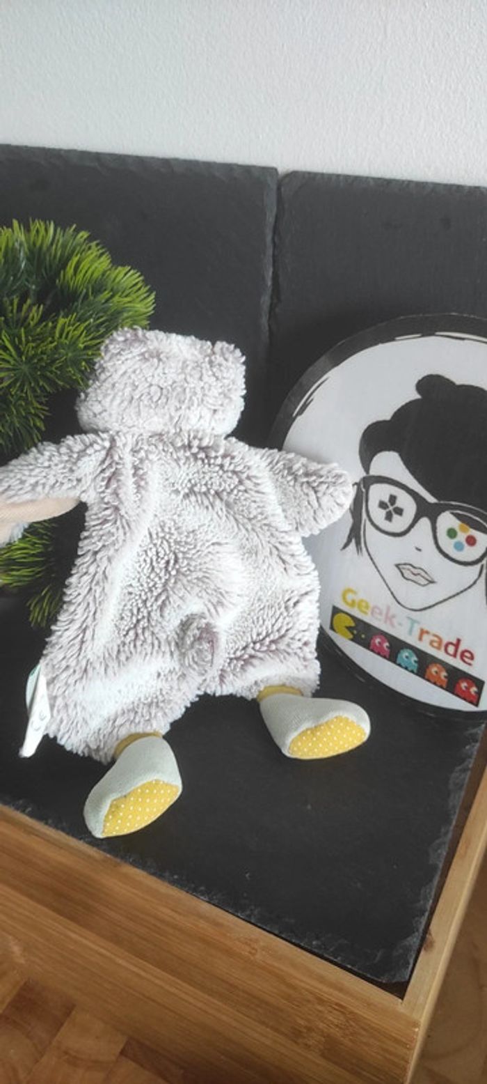 Ours moulin roty doudou Biscotte et Pomponbeige gris bleu jaune rose nez plat - photo numéro 2