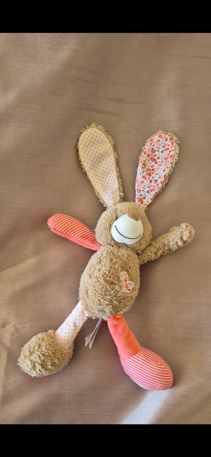 Doudou Lapin beige saumon rayé cœurs fleurs TAPE A L’OEIL TAO - photo numéro 2