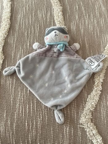 Peluche doudou plat 25cm mots d’enfants raton laveur gris et bleu très bon état