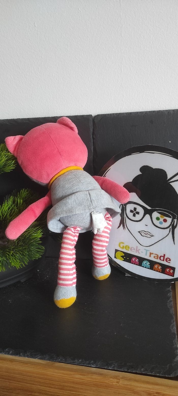 Doudou Renard Rose Robe Gris peluche grelot rayé jaune obaïbi Okaïdi Rayure - photo numéro 2