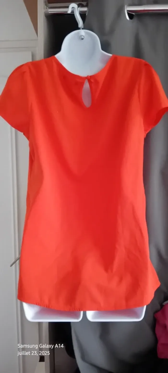 Blouse légère manches courtes col rond ouverture goutte d eau au dos orange femme L - photo numéro 9